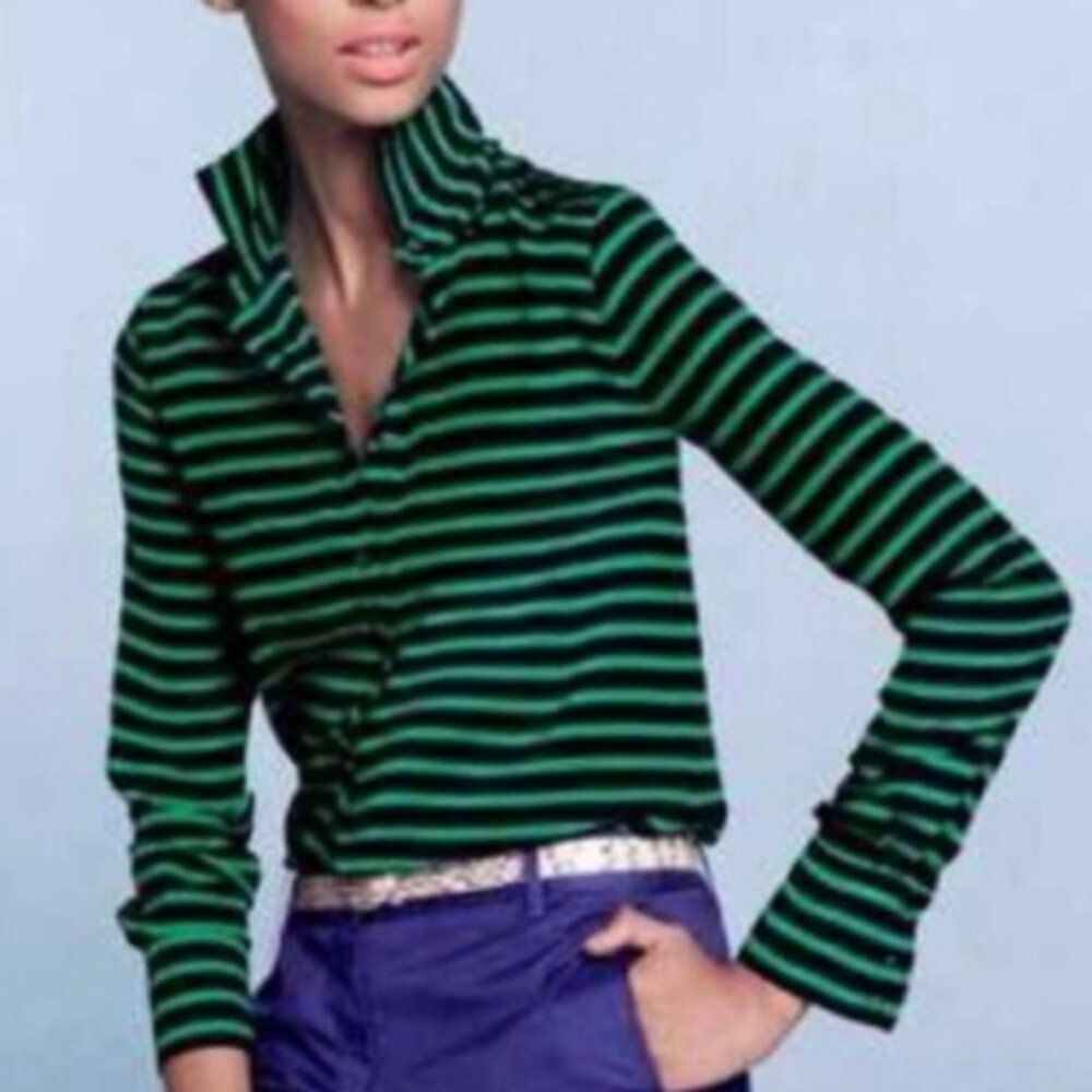 J. Crew Polly Popover Green Black 100% Silk Button Down Collared Blouse Top